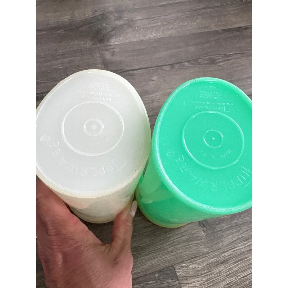 Vintage Tupperware Set of 2 Flip Top Shaker Pitchers Mint Green White 16oz